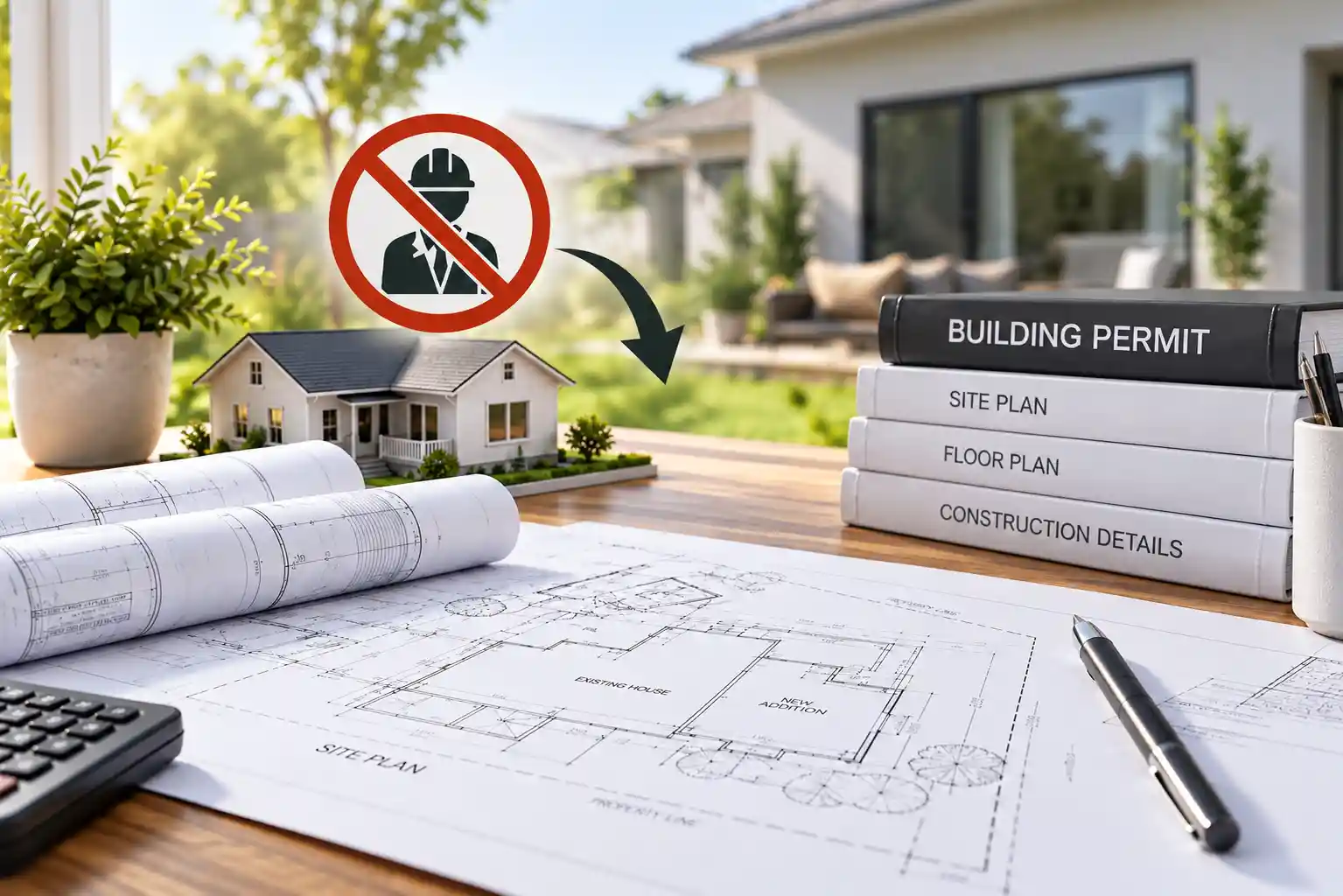 Permit drawings without an architect showing site plans, building permit documents, and a residential home model.