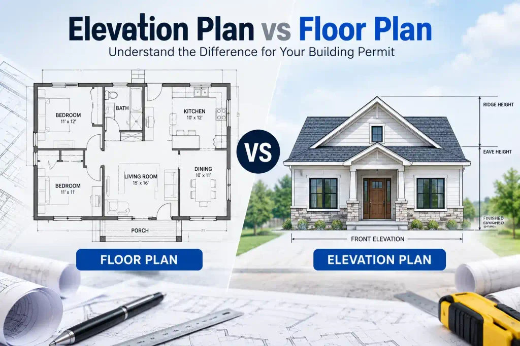 Elevation Plan vs Floor Plan showing a detailed interior floor layout and front building elevation with roof height and exterior dimensions.