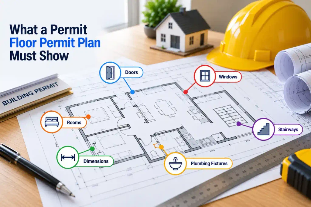 What a permit floor permit plan must show, including rooms, doors, windows, dimensions, plumbing fixtures, and stairways.