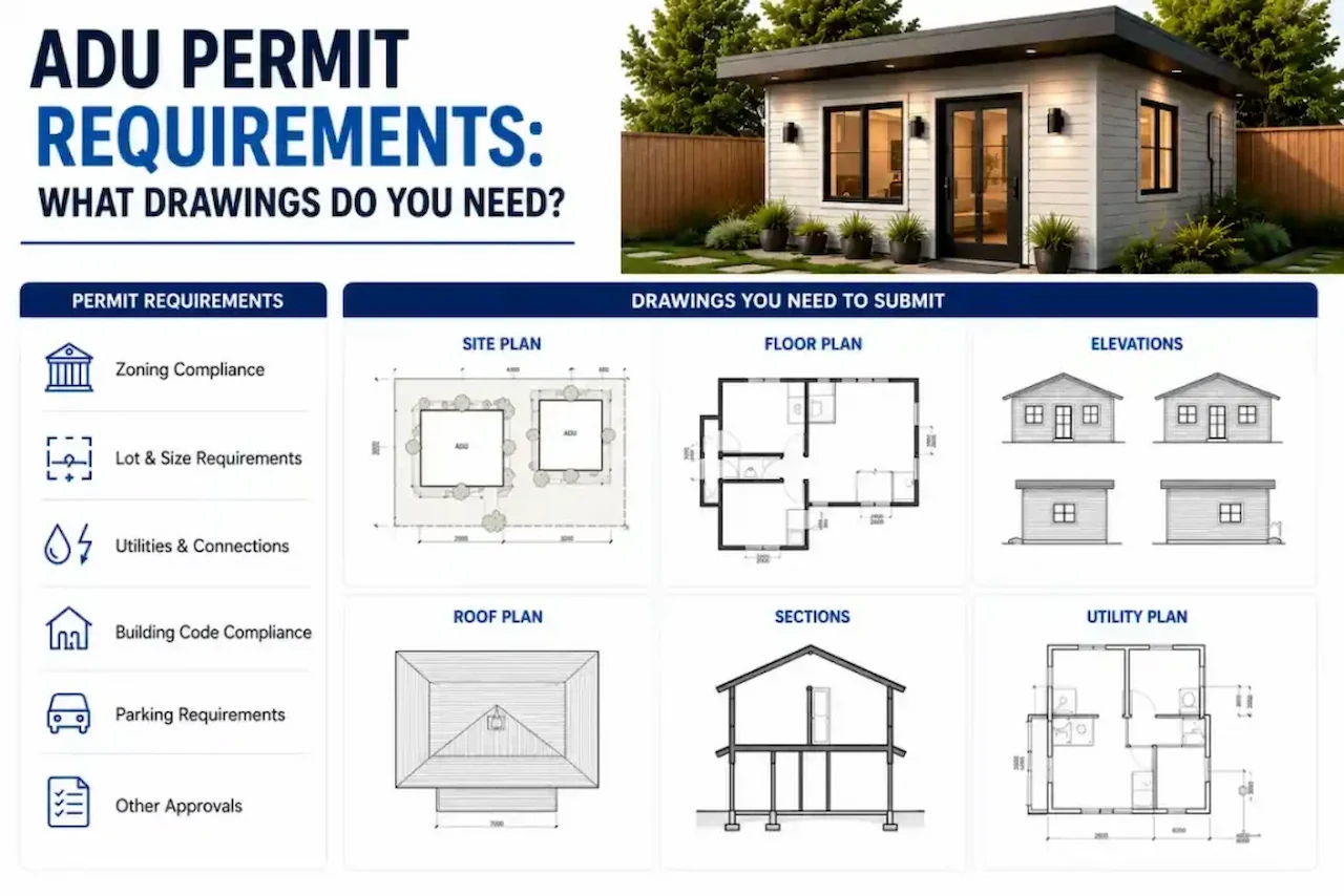 Infographic showing ADU permit requirements and the drawings needed for approval, including site plan, floor plan, elevations, roof plan, sections, and utility plan.