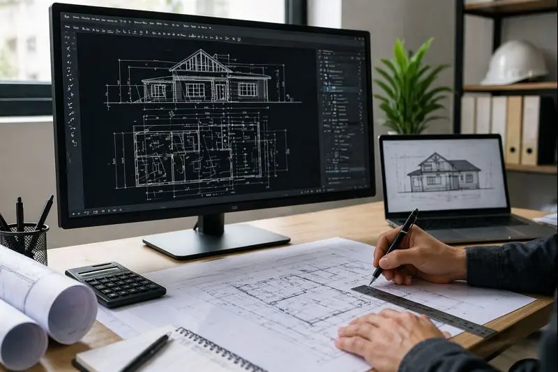 Architectural drafting workspace showing CAD house plans on a large monitor