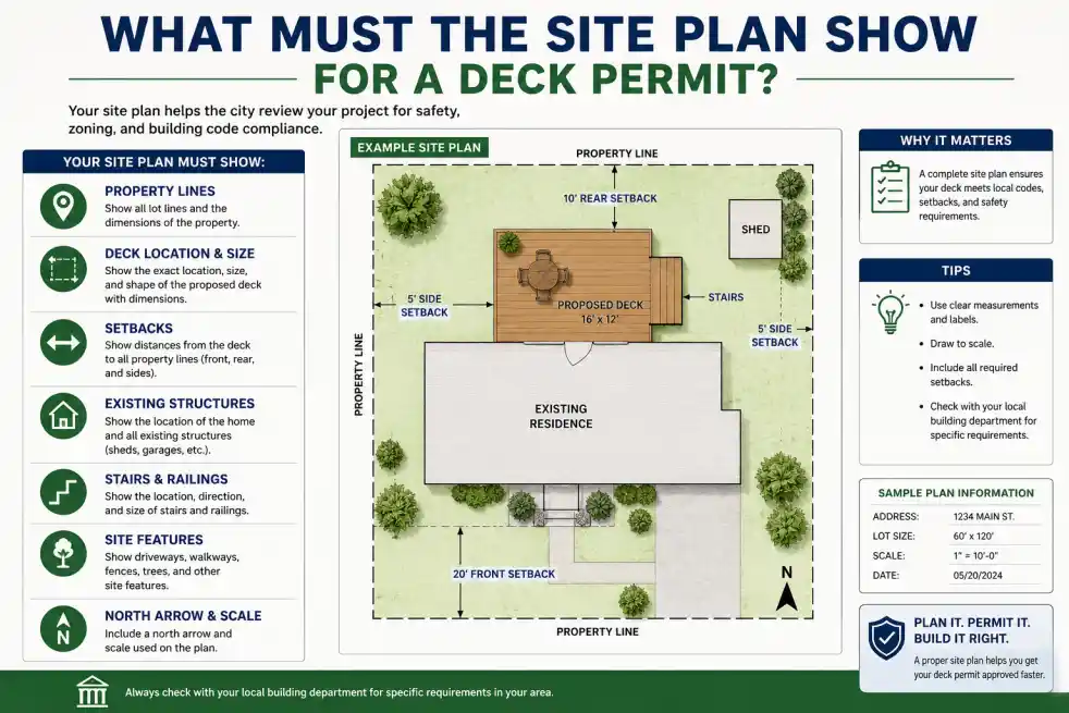 Deck permit site plan diagram showing property boundaries, setbacks and proposed deck location