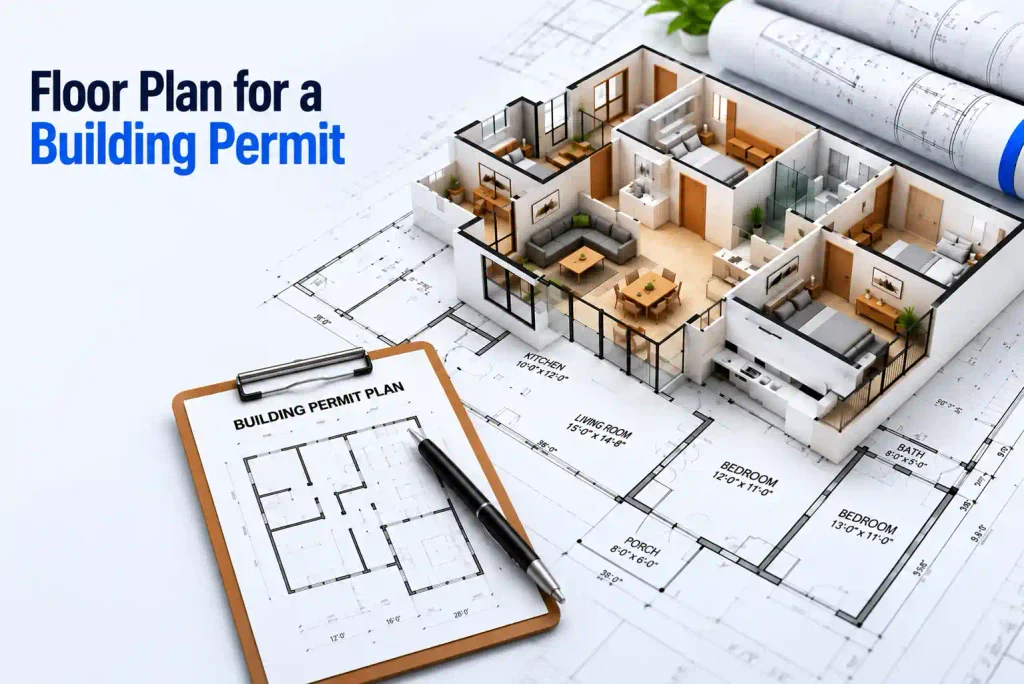 Floor plans for building permit applications showing a detailed residential layout, building blueprints, and permit drawings.