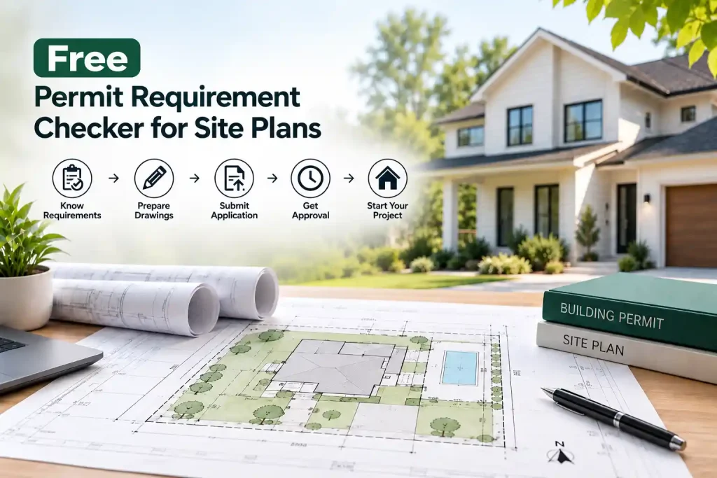 Free permit requirement checker for site plans with building blueprints, permit books, and a modern home.
