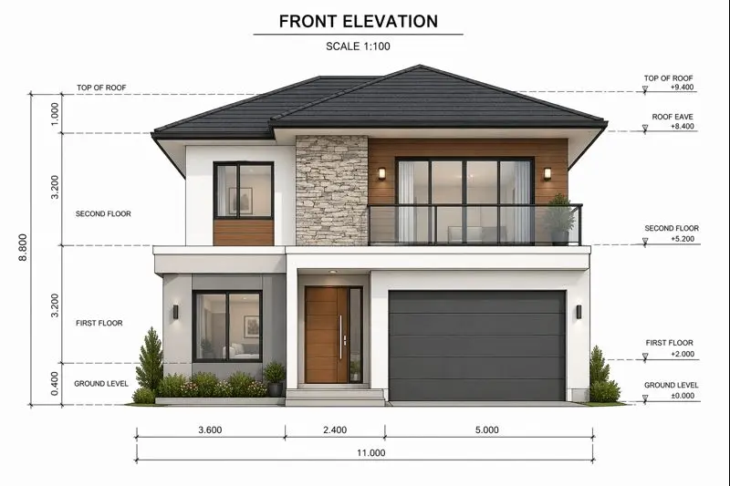 elevation plans example showing front and side views of building