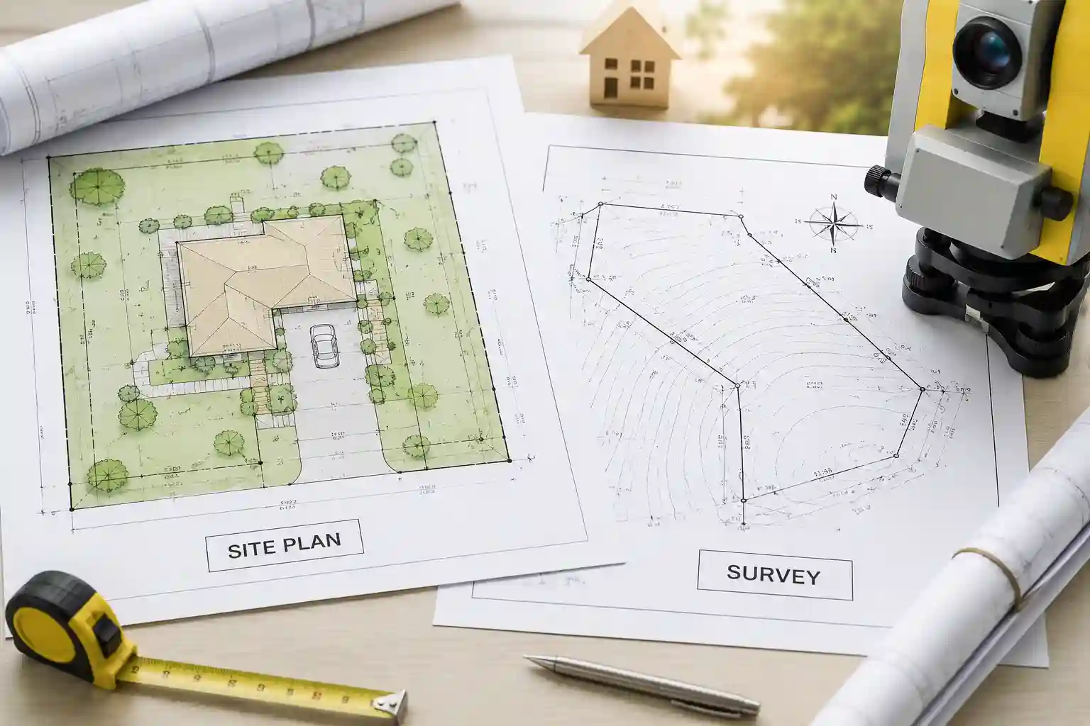 Site Plans vs Survey comparison showing a residential site plan alongside a property survey with boundary lines, measurements, and surveying equipment.