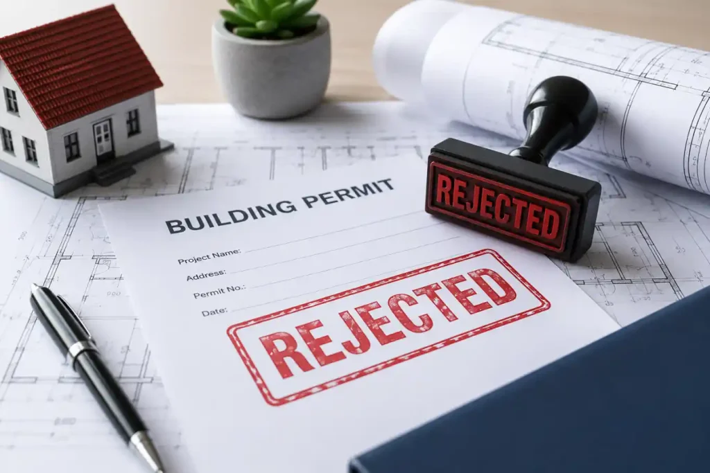 Building permit rejected document with rejected stamp, permit drawings, and construction plans illustrating why a building permit was rejected.