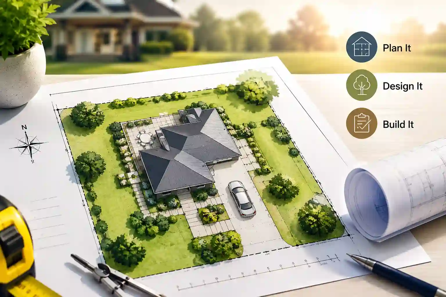 What Is a Site Plan showing a detailed residential property layout with a house footprint, driveway, landscaping, property boundaries, and planning tools.