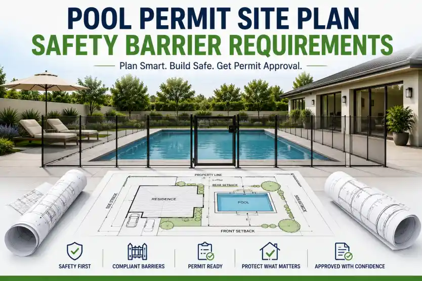 Pool permit site plan showing swimming pool layout, safety barrier fence, property setbacks, and permit requirements for residential pool construction.