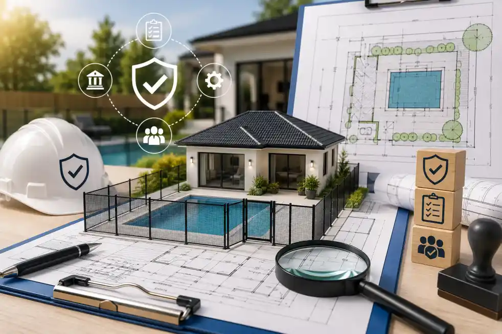 Architectural site plans, permit documents, house model, and safety compliance tools used to ensure building permit approval.