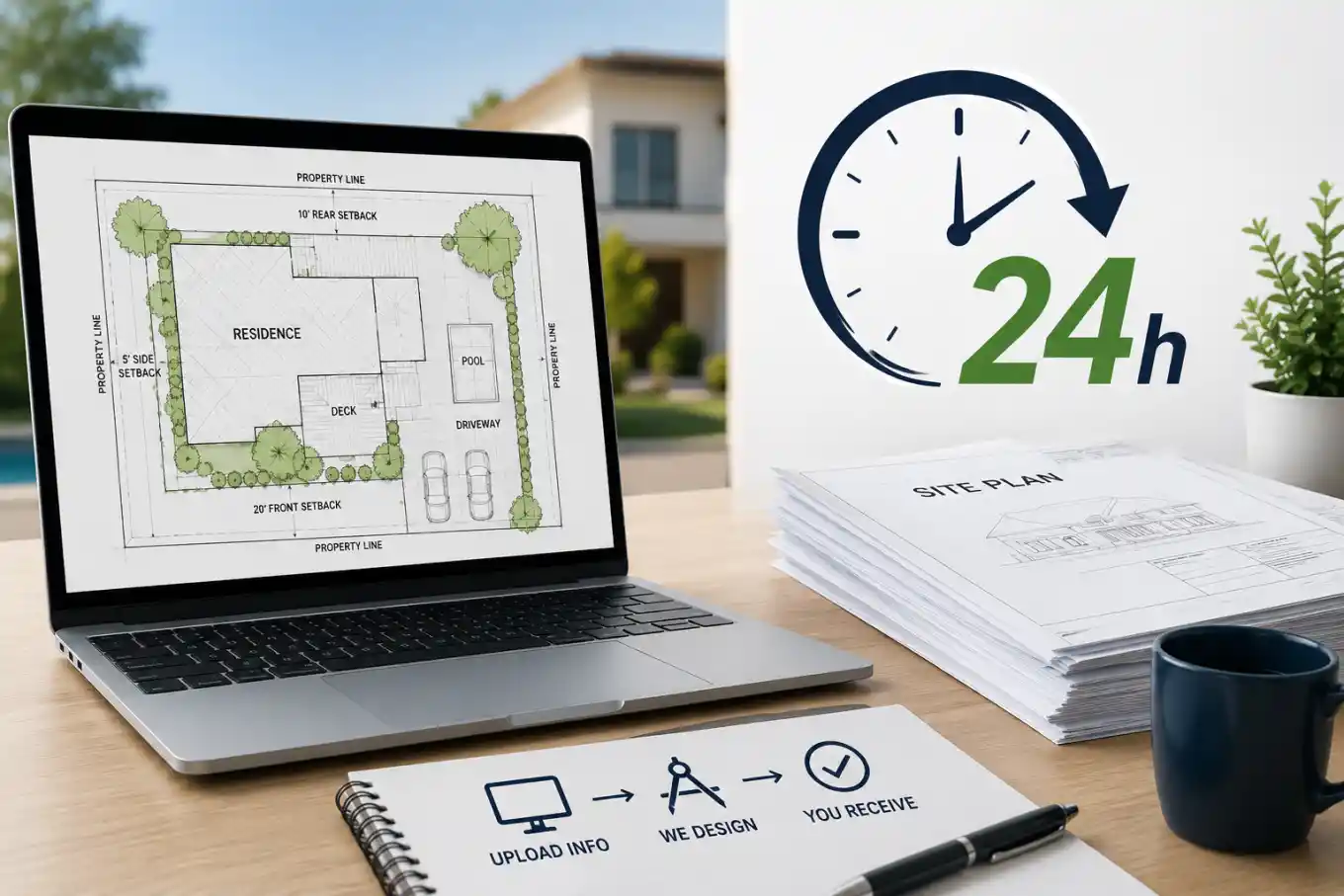 Online site plan service showing digital property layout, architectural drawings, and 24-hour turnaround for building permit applications.