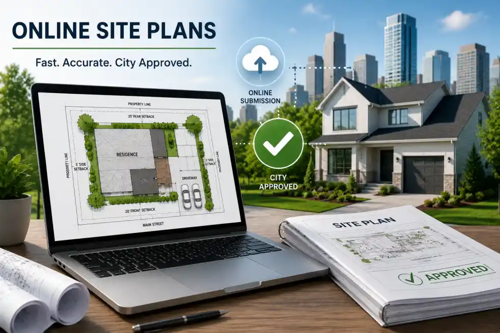 Online Site Plans displayed on a laptop with a residential property and digital permit approval process for faster city review.