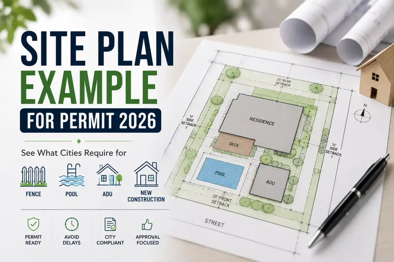 Professional Site Plan Example showing property boundaries, setbacks, existing structures, and proposed improvements for building permit approval.