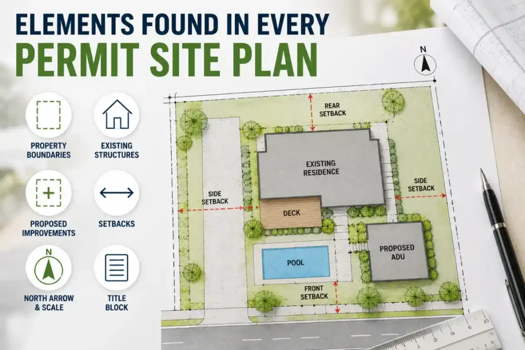 Infographic showing the essential elements of a permit site plan, including property boundaries, setbacks, existing structures, proposed improvements, north arrow, and title block.