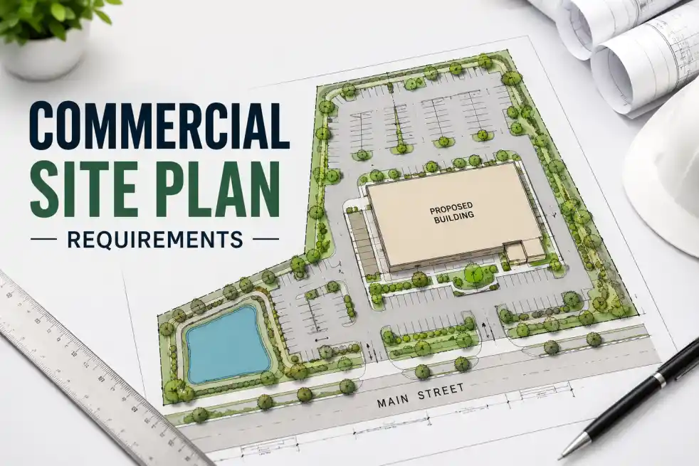 Commercial site plans showing a proposed building layout, parking areas, landscaping, and property boundaries for permit approval.