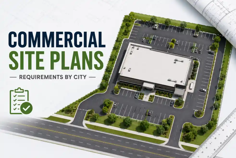 Commercial site plans showing a commercial building layout, parking areas, landscaping, and access roads to meet city permit requirements.