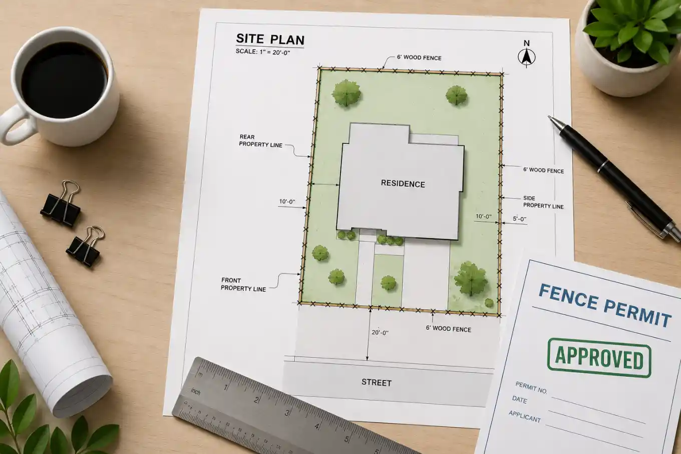 Site plan for fence permit showing residential property layout with property lines and permit documents.