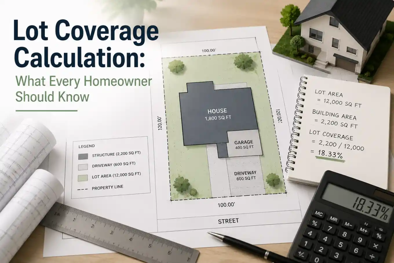 Lot coverage calculation showing a residential site plan, calculator, and property coverage worksheet.