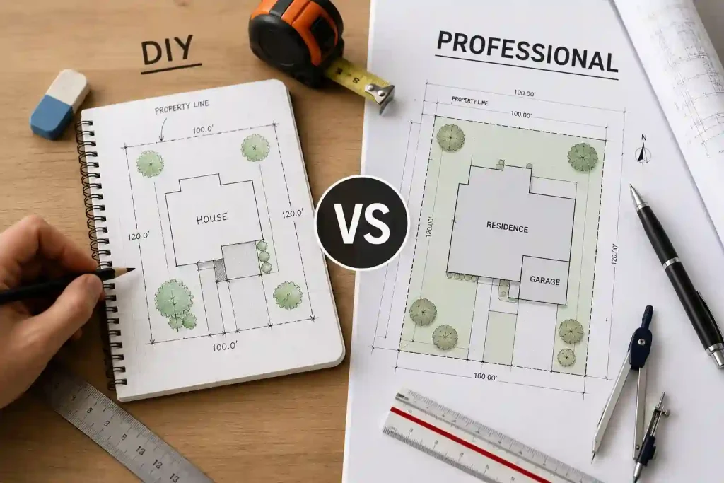 DIY vs professional site plan for a building permit with residential property layout and drafting tools.
