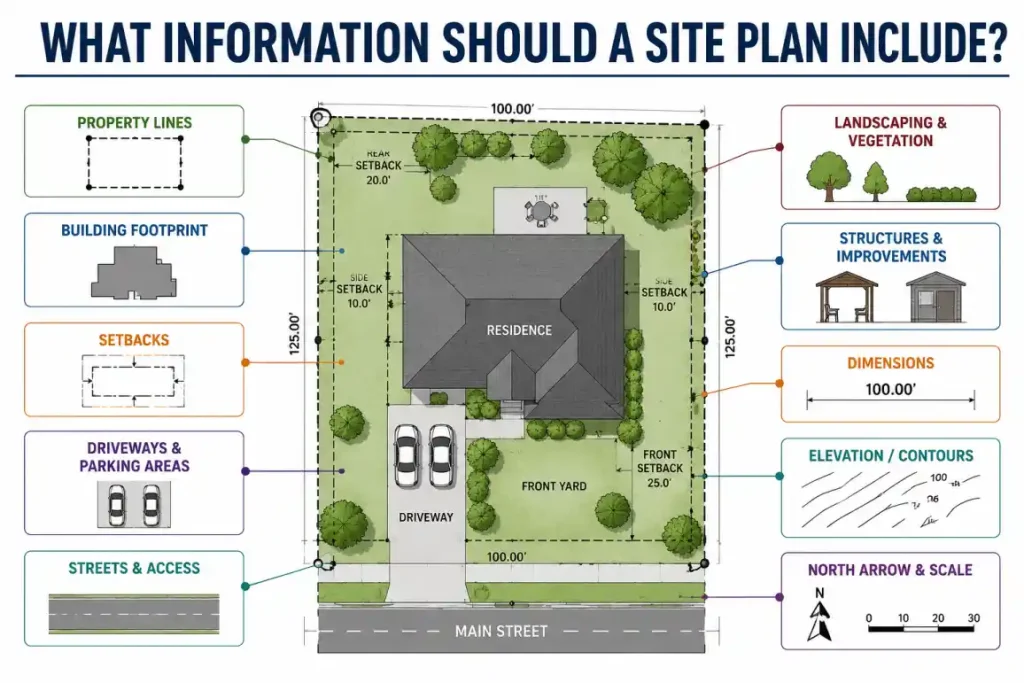 Site plan of your property showing property lines, building footprint, setbacks, landscaping, dimensions, driveway, and other key property details.