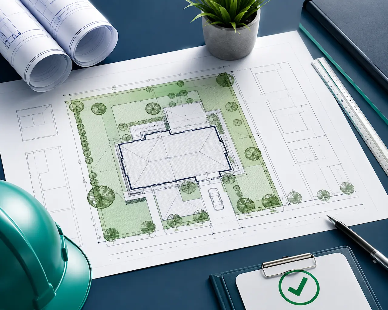 Residential site plan showing house layout, landscaping, driveway, property boundaries, and permit approval checklist