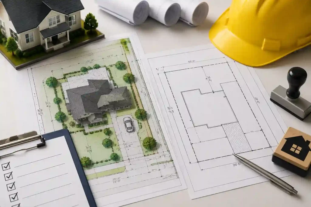 Site plan and plot plan used for building permit approval.