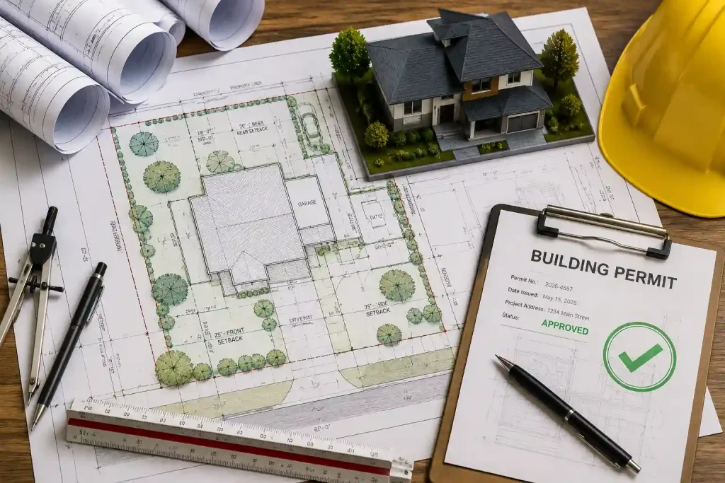 Site plan for permit with blueprints, house model, and permit documents.