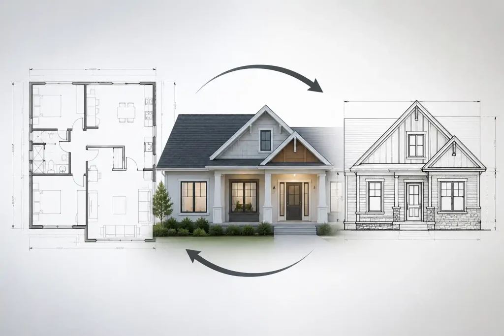 Elevation Plan vs Floor Plan illustration showing how interior floor layouts and exterior elevation drawings work together for building permit approval.