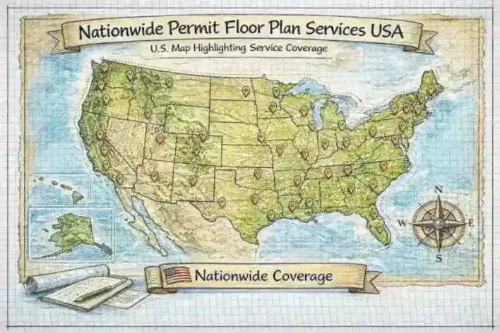 Map of nationwide permit floor plan service coverage across the United States