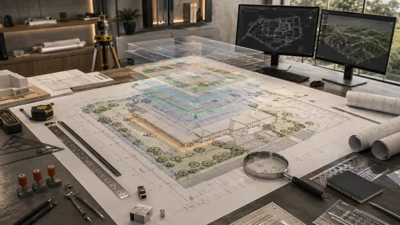 Infographic showing how to read a site plan with labeled property lines, setbacks, structures, symbols, and a sample residential plot drawing for homeowners and permit applications.