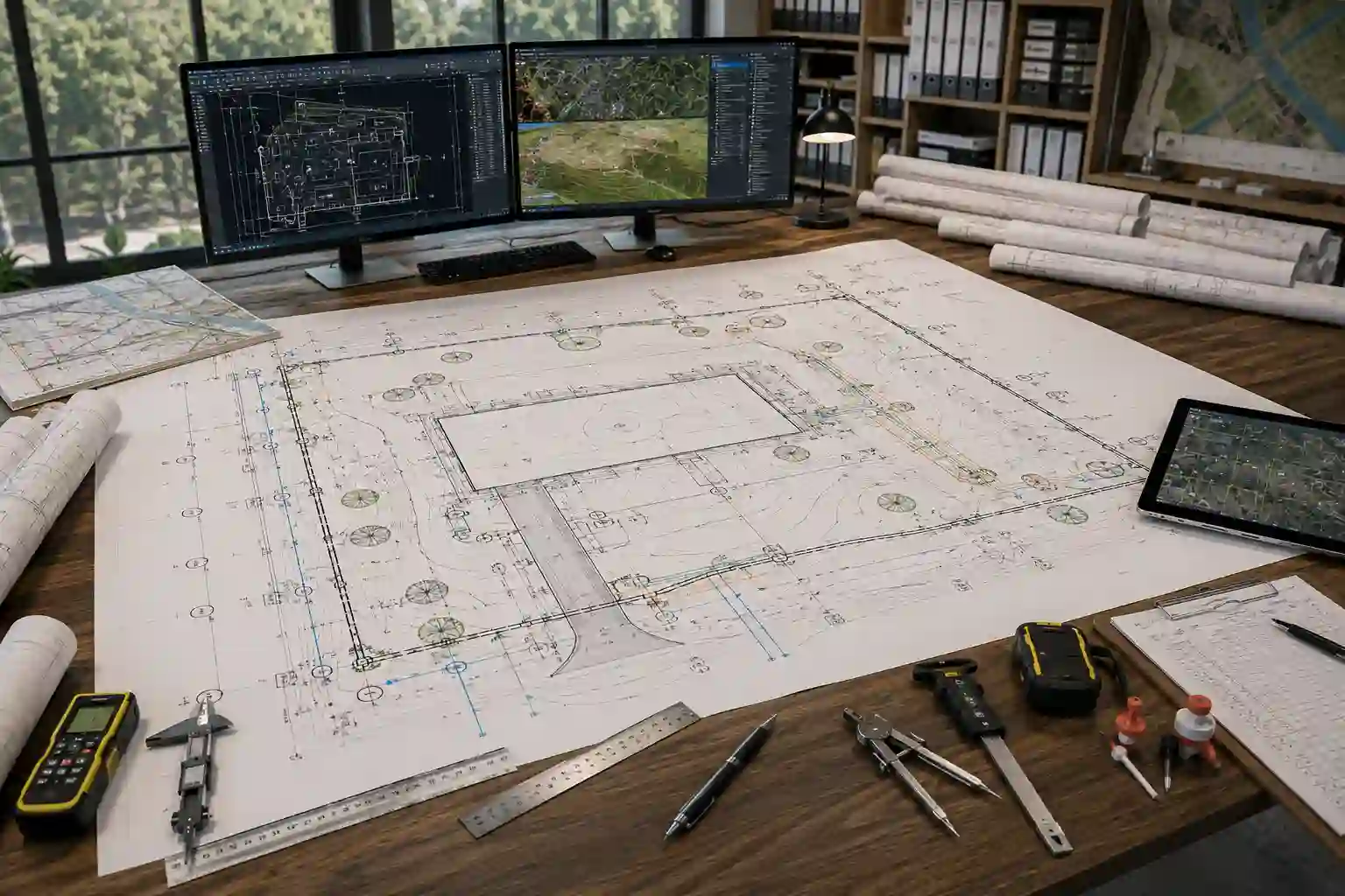 Site plan for mobile home showing property boundaries, setback distances, driveway, utility connections, septic system, and mobile home placement.