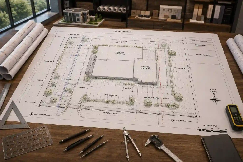 Permit site plan drawing reviewed on a drafting desk