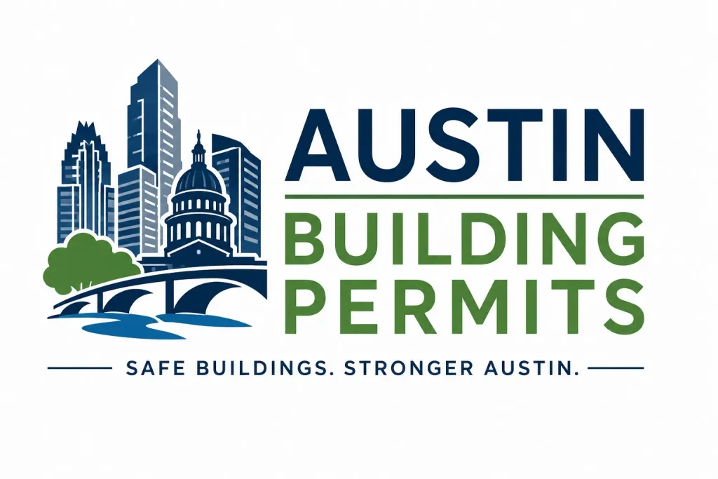 Austin building permits illustration showing permit documents, construction plans, residential home, and Austin Texas skyline