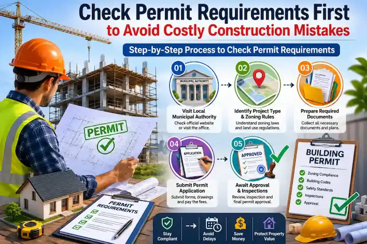 Illustration showing the step-by-step process for checking building permit requirements before starting a construction project.