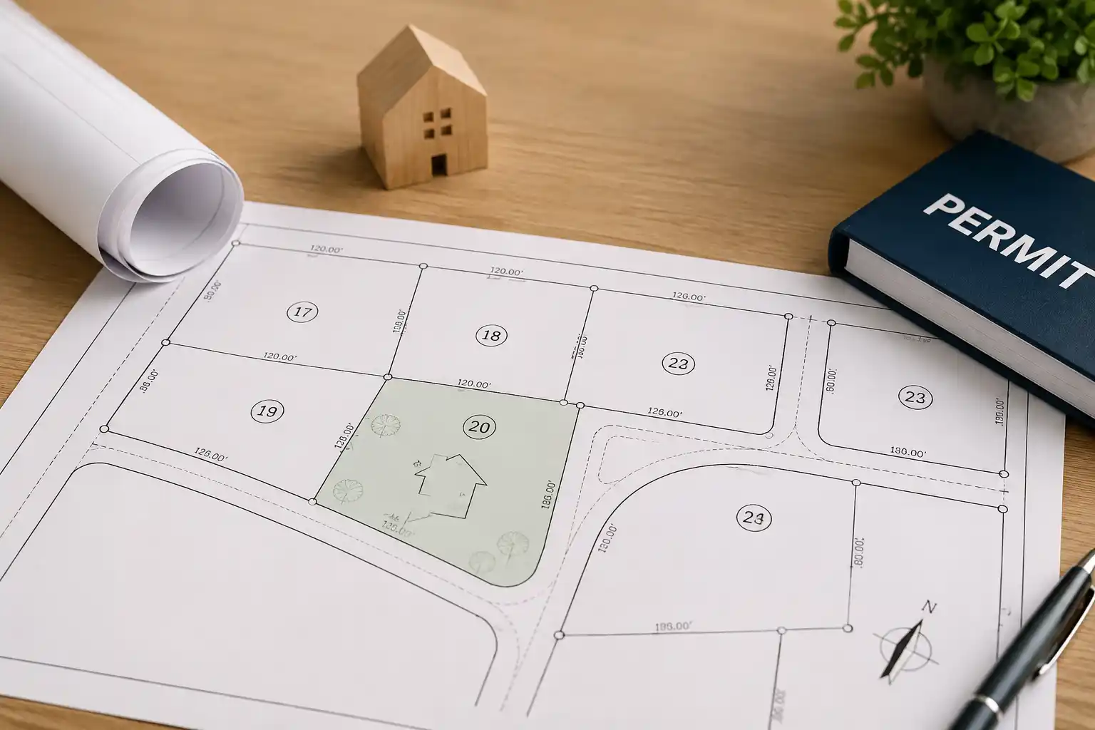 Simple plat map infographic showing property boundaries, lot dimensions, easements, and how a plat map relates to the building permit review process