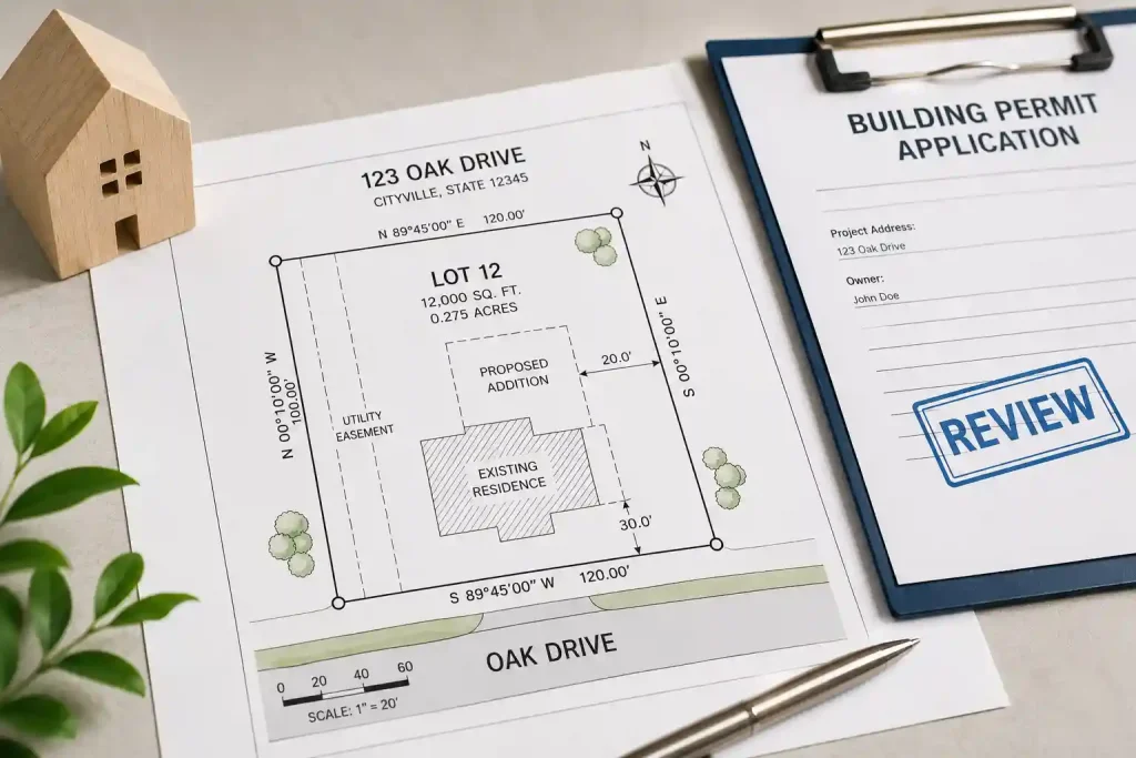 Property plat map showing lot boundaries beside building permit review documents