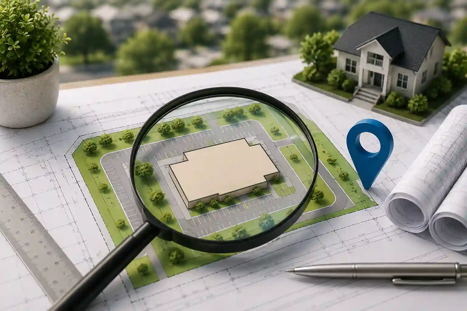 Site plan services near me illustration showing a permit-ready site plan, magnifying glass, provider selection icons, and local drafting services.