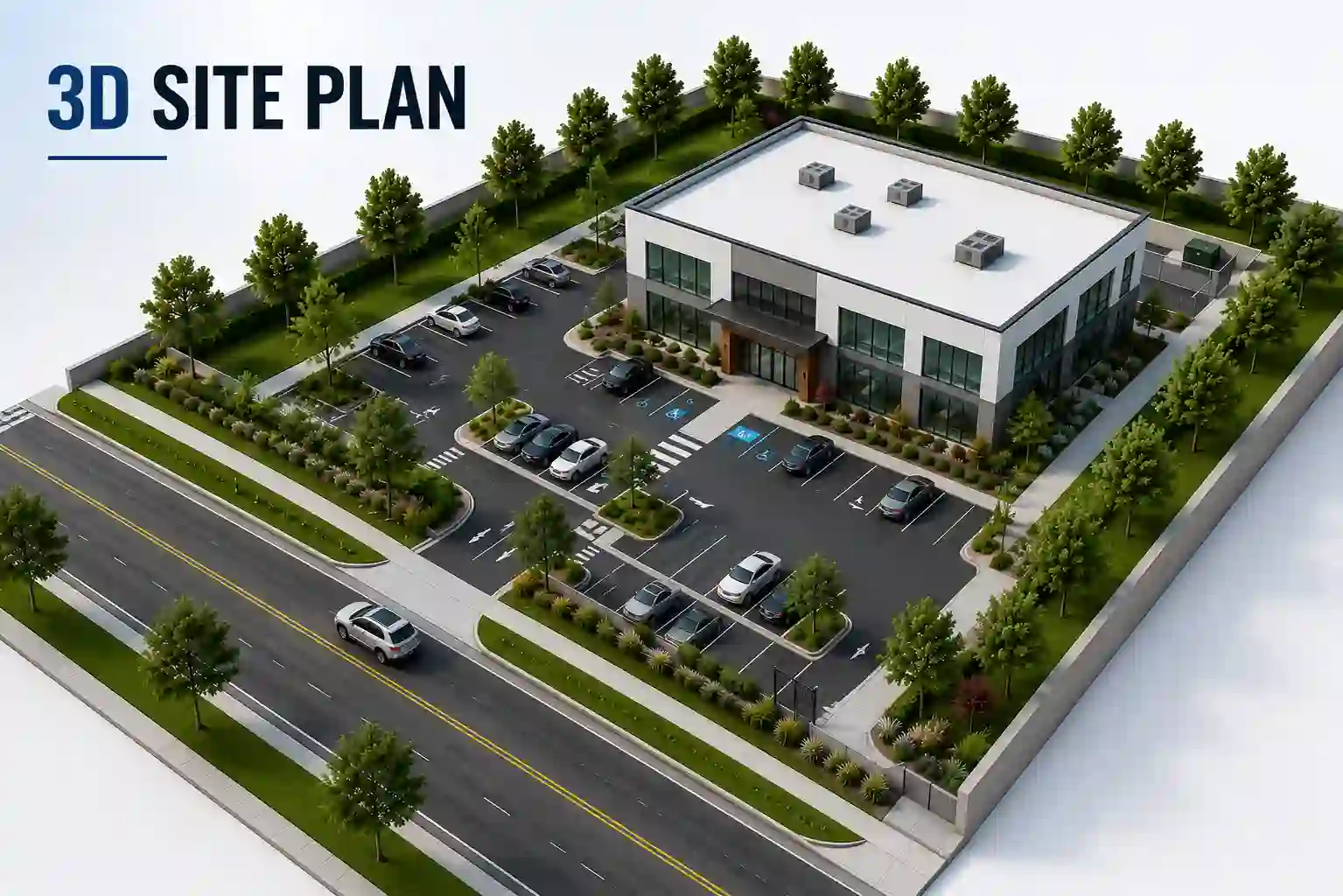 3D site plan model showing a commercial construction project.