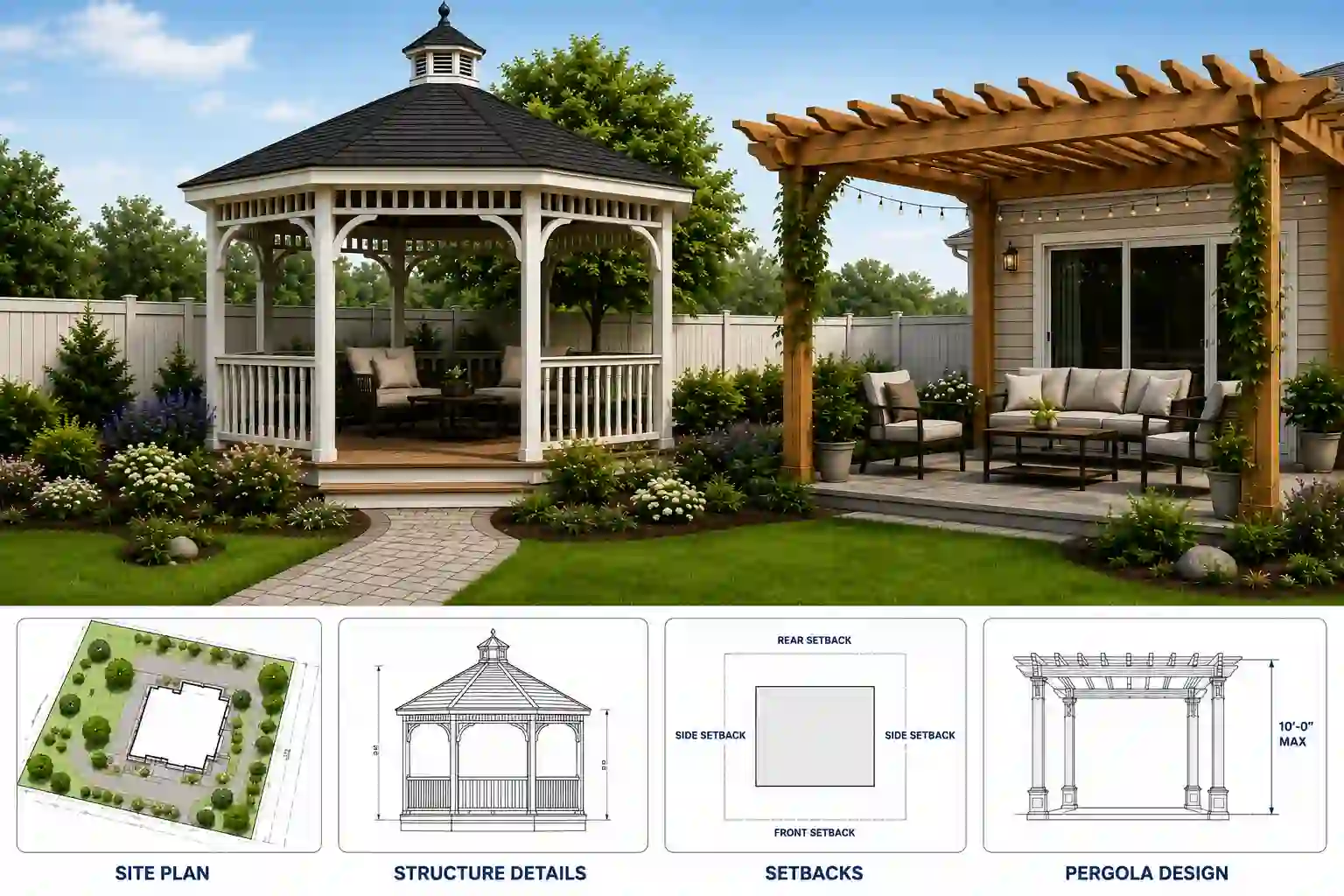 Building permit checklist with an approved permit beside a backyard gazebo and pergola, plus site plan, setback, structure detail, and height limit diagrams.