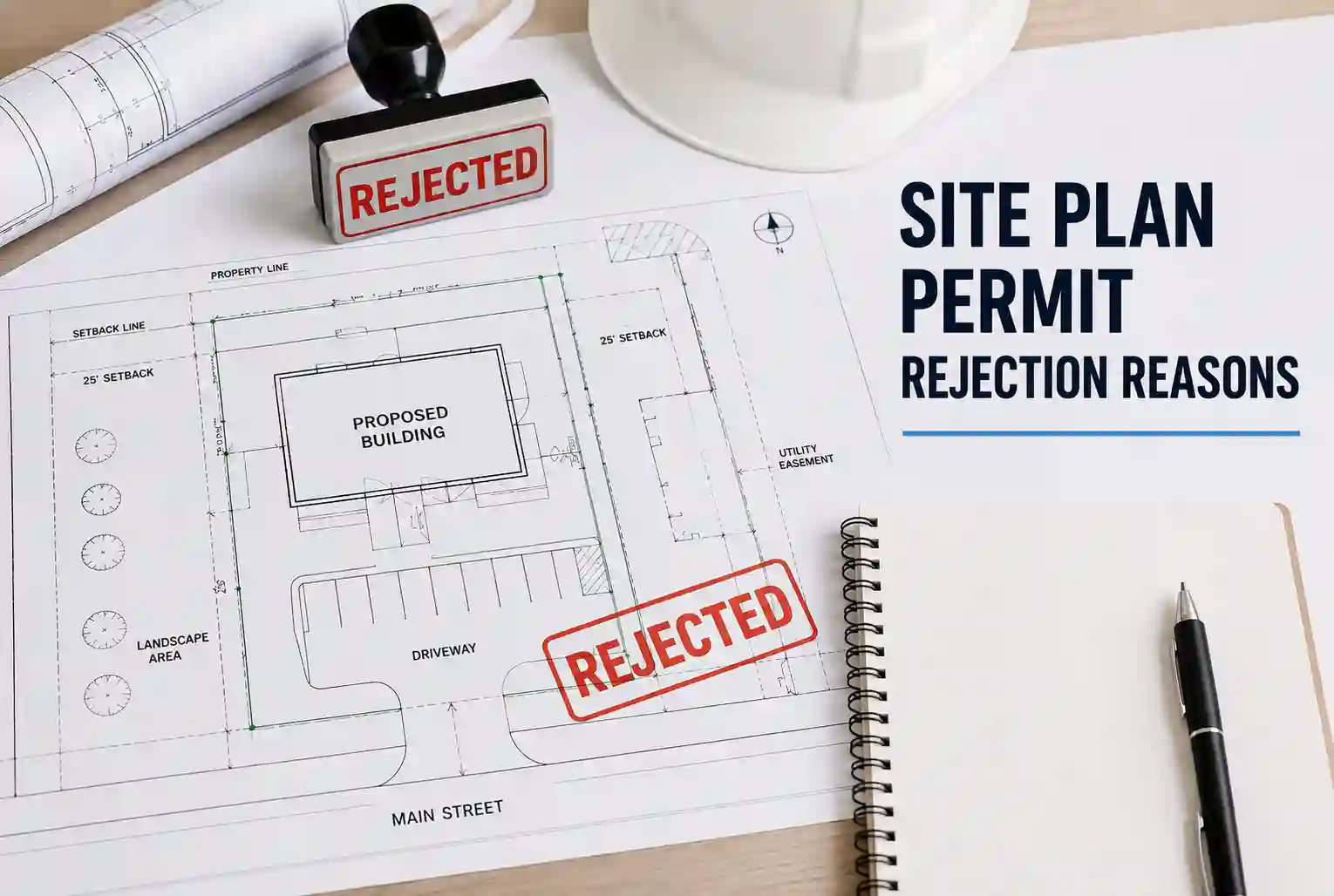 Site plan permit rejection reasons shown on a permit drawing with a rejected stamp and construction documents.