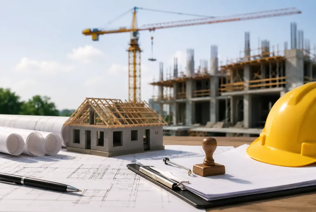 Construction site with building plans, a house model, safety helmet, permit documents, and architectural drawings for permit planning.