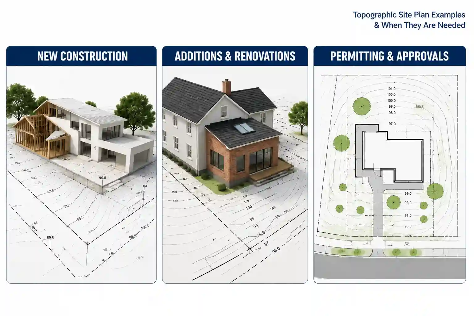 Three situations where a topographic site plan is required: new construction, home additions, and permit approvals.