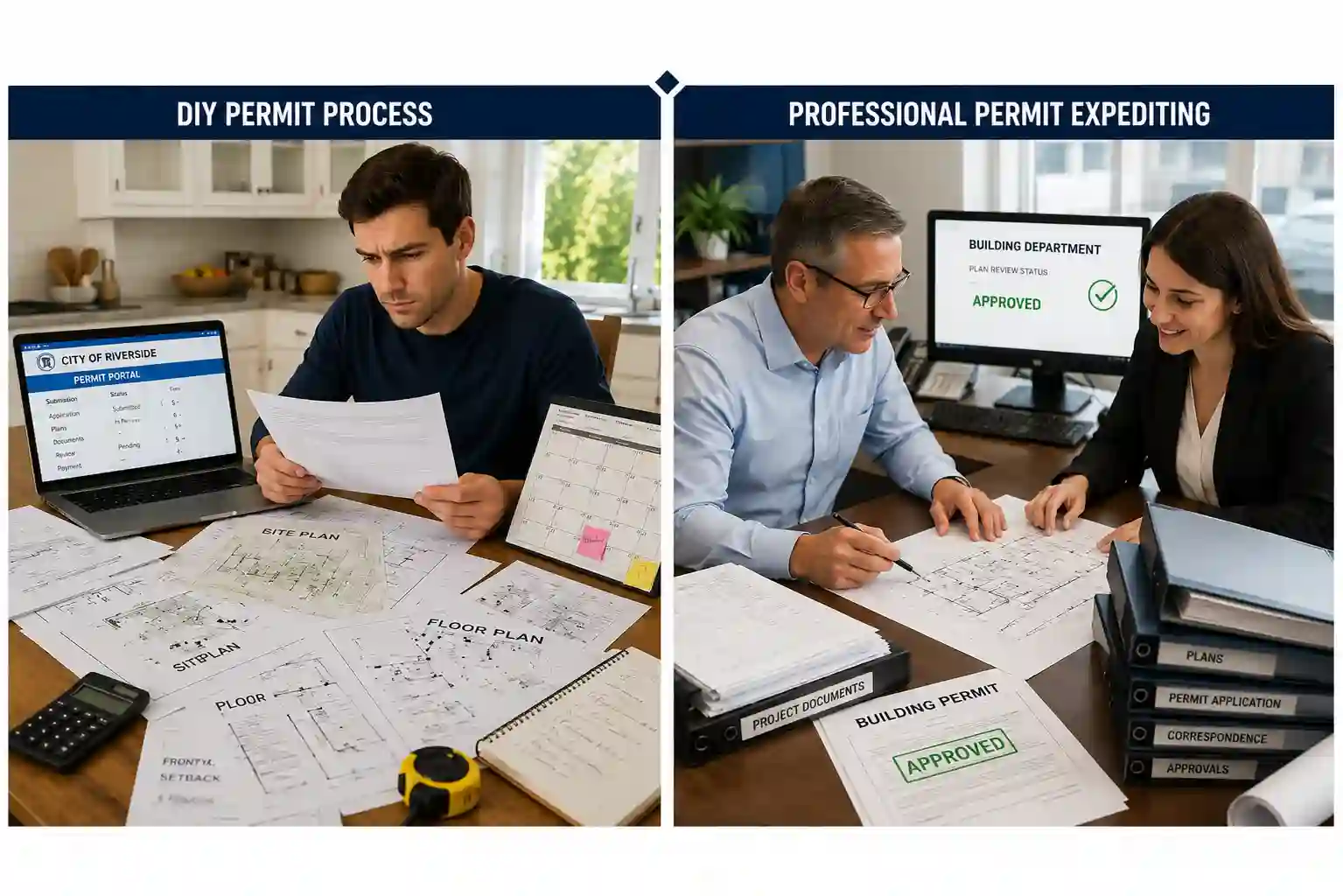 Comparison of DIY permit process and professional permit expediting with real people reviewing building permit documents.