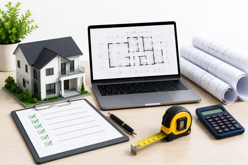 Project details checklist with architectural drawings, house model, blueprints, and measuring tools for building permit preparation.
