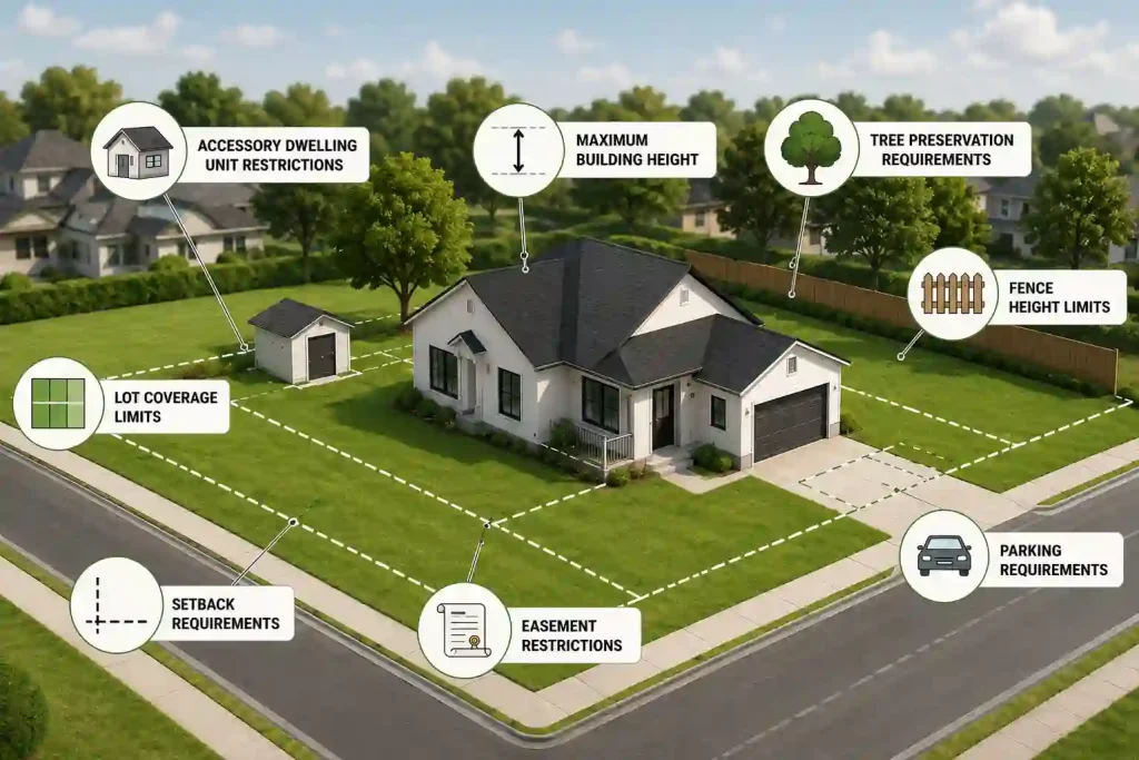 Illustration of a residential property showing common zoning permit restrictions, including setbacks, lot coverage, building height, easements, parking requirements, and accessory structures.