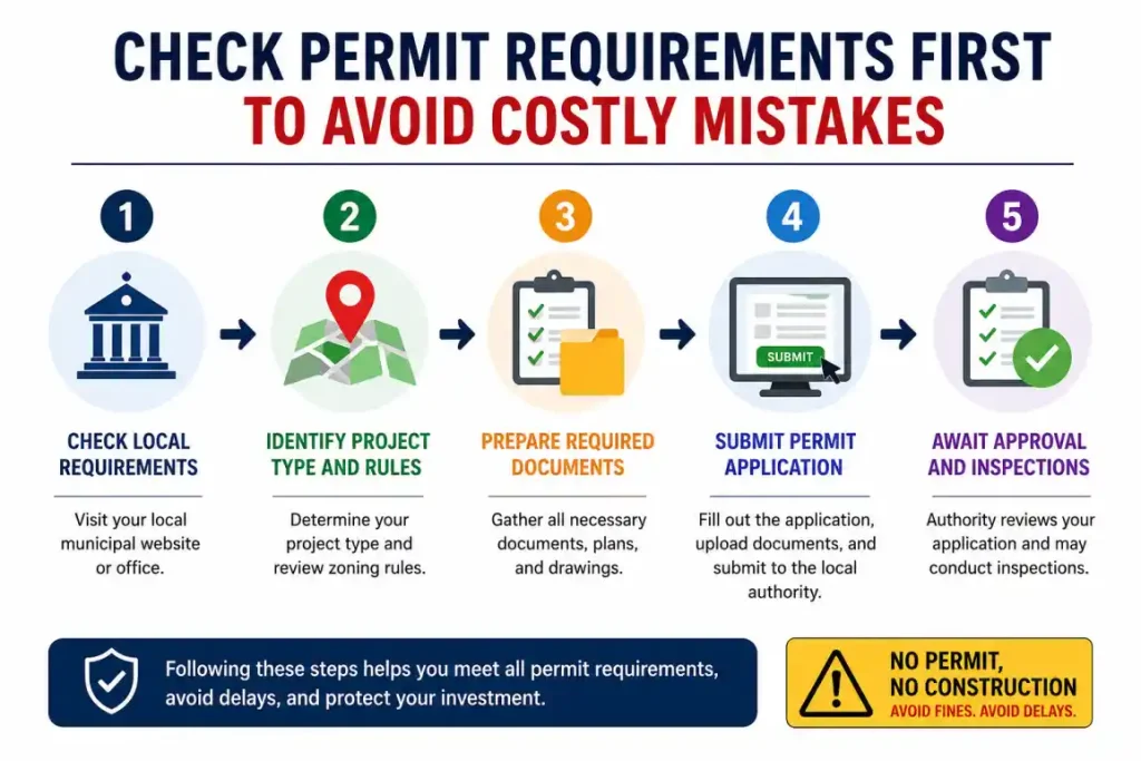 Construction permit infographic with a worker reviewing plans and a 5-step permit process: local authority, zoning, documents, application, and approval.
