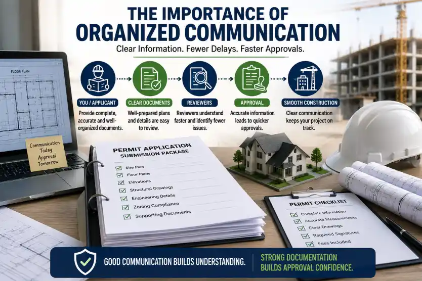 Infographic showing organized permit application communication with plans, checklists, documents, and clear information to support faster permit approvals.