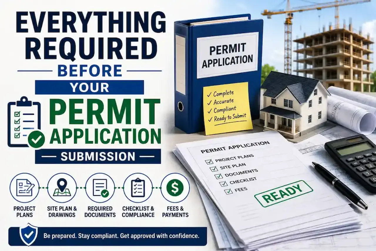 Infographic showing the documents and site plans required before submitting a building permit application.