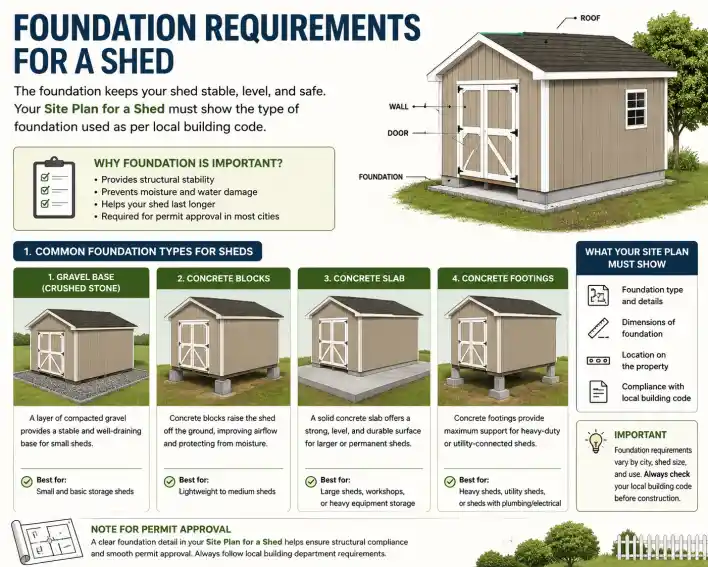 Foundation requirements for a shed showing gravel base, concrete blocks, slab, and footings with shed permit site plan details