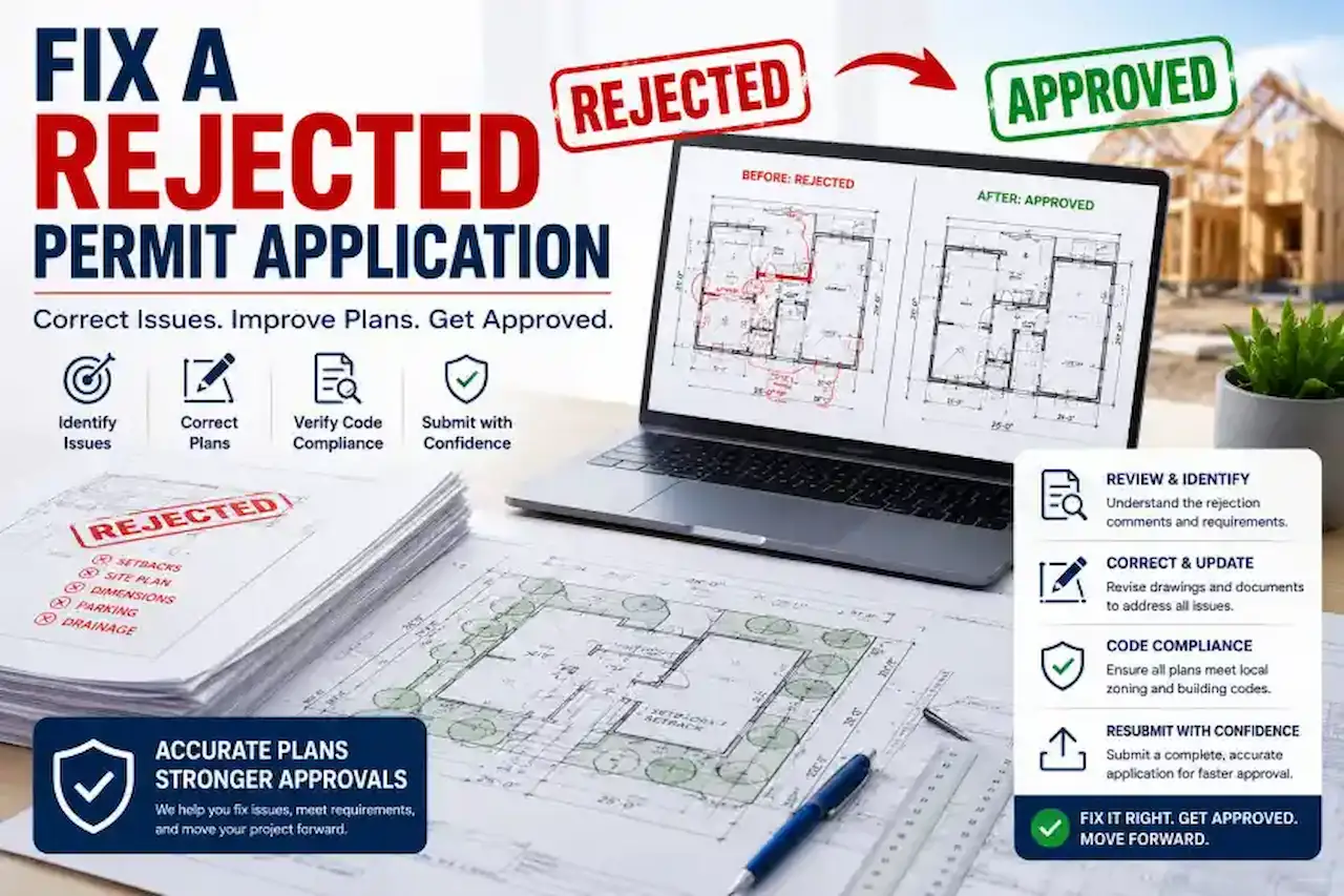 Infographic showing how to fix a rejected permit application by correcting plans, meeting code requirements, and resubmitting for approval.